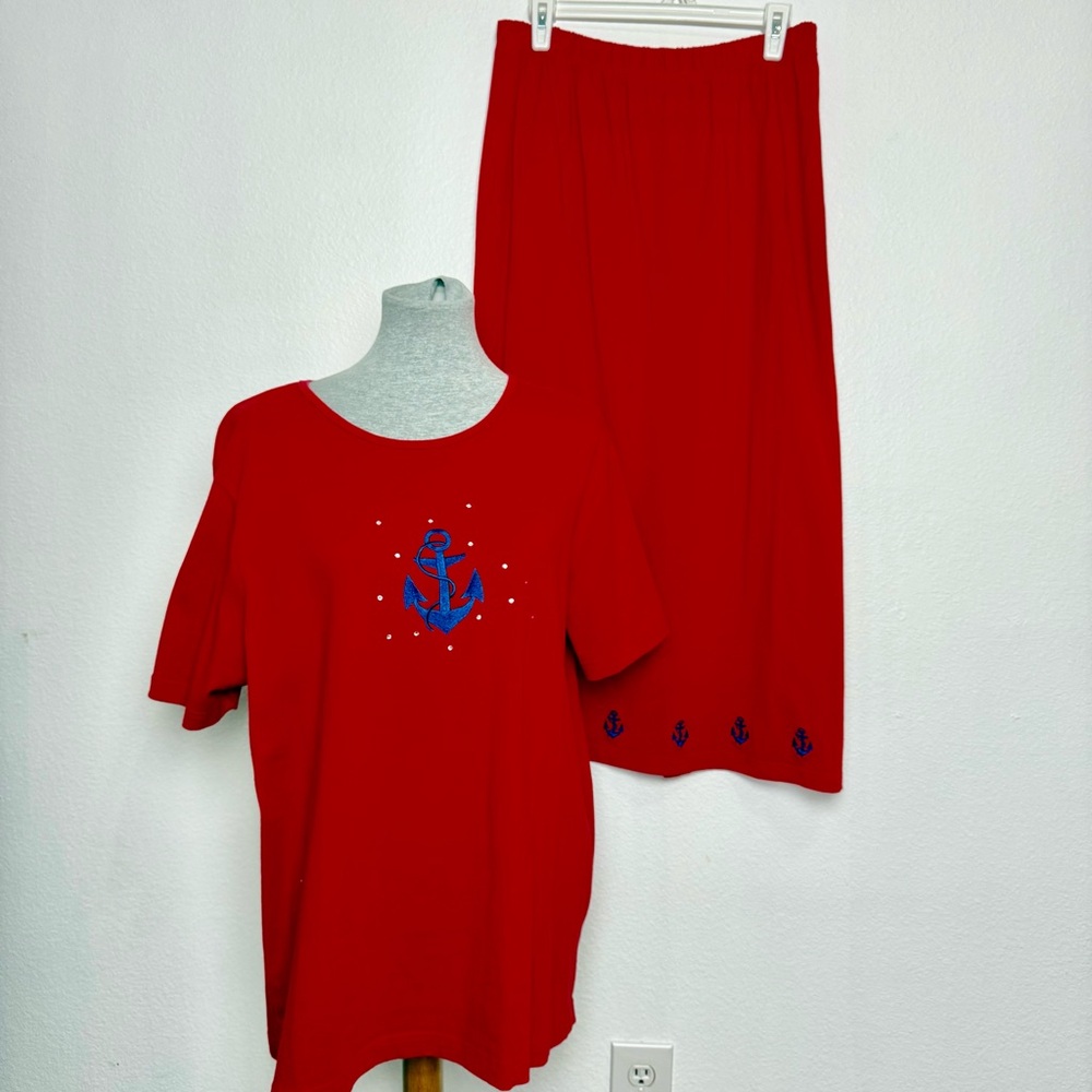 The Quacker Factory Red Nautical 2 Piece Shirt & Skirt Set Embroidered Anchor